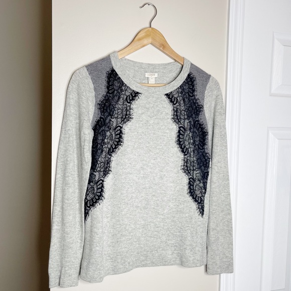 J Crew Grey Crew Neck Sweater with Black Lace Detail - Picture 3 of 7